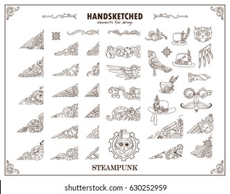 Set of vector vintage elements for design. Steampunk collection, hand drawn mechanical watch, clock, gear wheel, birds, feathers, hats, owl, cat. Ornate art for frames, borders, logo. Sepia color