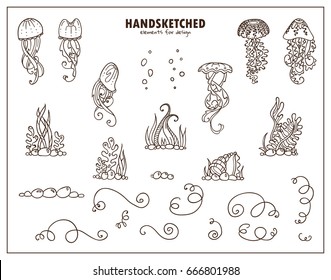 Set of vector vintage elements for design. Hand drawn jellyfishes, plants, seaweeds, corals, shells, water bubbles, wave scroll lines. Perfect for dividers, borders, icons 