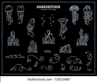 Set of vector vintage elements for design, chalkboard style. Hand drawn jellyfishes, plants, seaweeds, corals, shells, water bubbles, wave scroll lines. Perfect for dividers, borders, icons