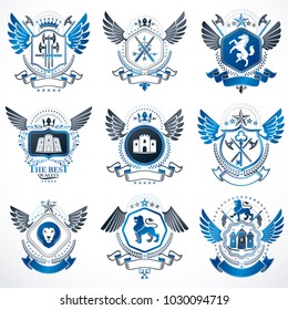 Set of vector vintage elements, heraldry labels stylized in retro design. Symbolic illustrations collection composed with medieval strongholds, monarch crowns, crosses and armory.