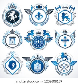 Set of vector vintage elements, heraldry labels stylized in retro design. Symbolic illustrations collection composed with medieval strongholds, monarch crowns, crosses and armory.