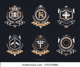 Set of vector vintage elements, heraldry labels stylized in retro design. Symbolic illustrations collection composed with medieval strongholds, monarch crowns, crosses and armory.