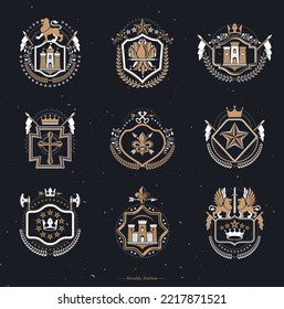 Set of vector vintage elements, heraldry labels stylized in retro design. Symbolic illustrations collection composed with medieval strongholds, monarch crowns, crosses and armory.