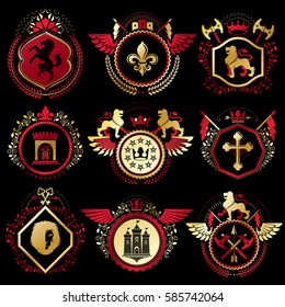 Set of vector vintage elements, heraldry labels stylized in retro design. Symbolic illustrations collection composed with medieval strongholds, monarch crowns, crosses and armory.