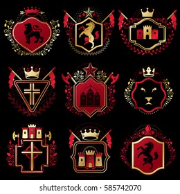 Set of vector vintage elements, heraldry labels stylized in retro design. Symbolic illustrations collection composed with medieval strongholds, monarch crowns, crosses and armory.