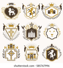 Set of vector vintage elements, heraldry labels stylized in retro design. Symbolic illustrations collection composed with medieval strongholds, monarch crowns, crosses and armory.