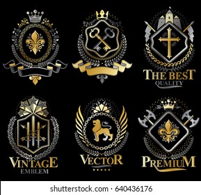 Set of vector vintage elements, heraldry labels stylized in retro design. Symbolic illustrations collection composed with medieval strongholds, monarch crowns, crosses and armory.