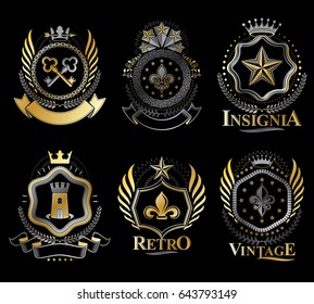 Set of vector vintage elements, heraldry labels stylized in retro design. Symbolic illustrations collection composed with medieval strongholds, monarch crowns, crosses and armory.