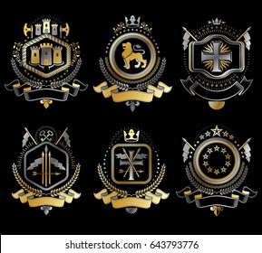 Set of vector vintage elements, heraldry labels stylized in retro design. Symbolic illustrations collection composed with medieval strongholds, monarch crowns, crosses and armory.