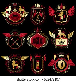 Set of vector vintage elements, heraldry labels stylized in retro design. Symbolic illustrations collection composed with medieval strongholds, monarch crowns, crosses and armory.