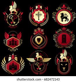 Set of vector vintage elements, heraldry labels stylized in retro design. Symbolic illustrations collection composed with medieval strongholds, monarch crowns, crosses and armory.