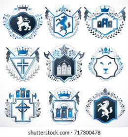 Set of vector vintage elements, heraldry labels stylized in retro design. Symbolic illustrations collection composed with medieval strongholds, monarch crowns, crosses and armory.