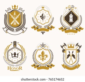 Set of vector vintage elements, heraldry labels stylized in retro design. Symbolic illustrations collection composed with medieval strongholds, monarch crowns, crosses and armory.