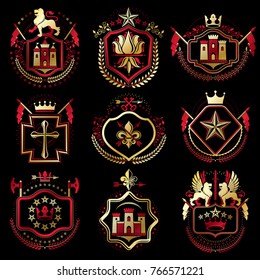 Set of vector vintage elements, heraldry labels stylized in retro design. Symbolic illustrations collection composed with medieval strongholds, monarch crowns, crosses and armory.