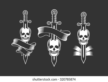 set vector vintage emblem of a human skull and a sword, heraldry and symbols