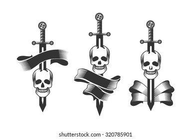 set vector vintage emblem of a human skull and a sword, heraldry and symbols