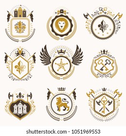 Set of vector vintage emblems created with decorative elements like crowns, stars, bird wings, armory and animals.  Collection of heraldic coat of arms.