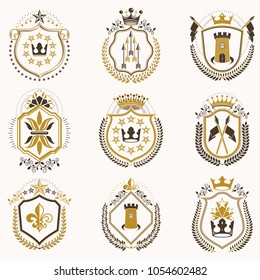Set of vector vintage emblems created with decorative elements like crowns, stars, bird wings, armory and animals.  Collection of heraldic coat of arms.