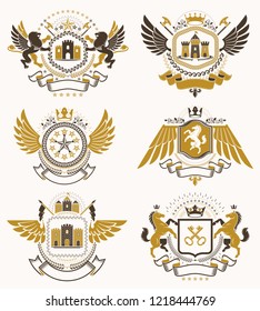 Set of vector vintage emblems created with decorative elements like crowns, stars, bird wings, armory and animals.  Collection of heraldic coat of arms.