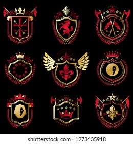 Set of vector vintage emblems created with decorative elements like crowns, stars, bird wings, armory and animals.  Collection of heraldic coat of arms.