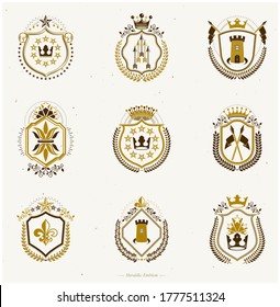 Set of vector vintage emblems created with decorative elements like crowns, stars, bird wings, armory and animals.  Collection of heraldic coat of arms.