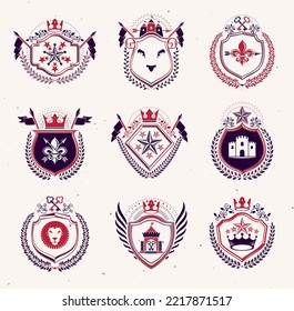 Set of vector vintage emblems created with decorative elements like crowns, stars, bird wings, armory and animals.  Collection of heraldic coat of arms.