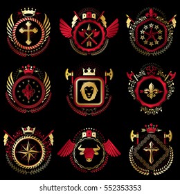 Set of vector vintage emblems created with decorative elements like crowns, stars, bird wings, armory and animals.  Collection of heraldic coat of arms.