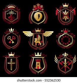 Set of vector vintage emblems created with decorative elements like crowns, stars, bird wings, armory and animals.  Collection of heraldic coat of arms.