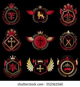 Set of vector vintage emblems created with decorative elements like crowns, stars, bird wings, armory and animals.  Collection of heraldic coat of arms.