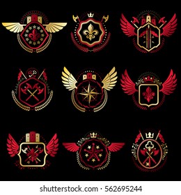 Set of vector vintage emblems created with decorative elements like crowns, stars, bird wings, armory and animals.  Collection of heraldic coat of arms.