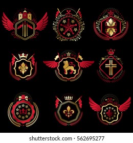 Set of vector vintage emblems created with decorative elements like crowns, stars, bird wings, armory and animals.  Collection of heraldic coat of arms.