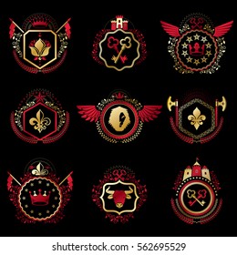 Set of vector vintage emblems created with decorative elements like crowns, stars, bird wings, armory and animals.  Collection of heraldic coat of arms.