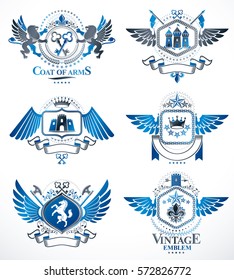 Set of vector vintage emblems created with decorative elements like crowns, stars, bird wings, armory and animals.  Collection of heraldic coat of arms.