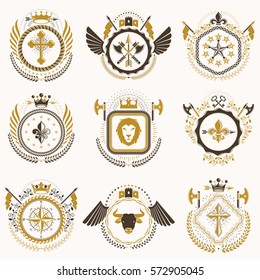 Set of vector vintage emblems created with decorative elements like crowns, stars, bird wings, armory and animals.  Collection of heraldic coat of arms.