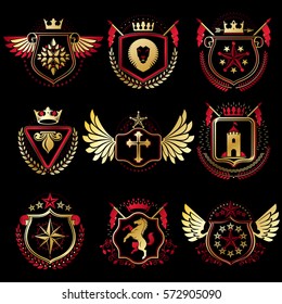 Set of vector vintage emblems created with decorative elements like crowns, stars, bird wings, armory and animals.  Collection of heraldic coat of arms.