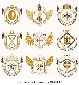 Set of vector vintage emblems created with decorative elements like crowns, stars, bird wings, armory and animals.  Collection of heraldic coat of arms.