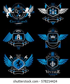 Set of vector vintage emblems created with decorative elements like crowns, stars, bird wings, armory and animals.  Collection of heraldic coat of arms.