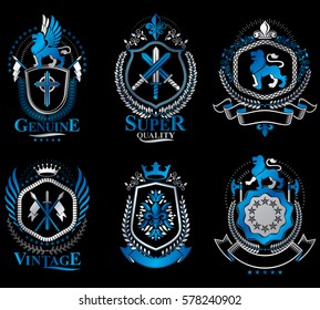 Set of vector vintage emblems created with decorative elements like crowns, stars, crosses, armory and animals.  Collection of heraldic coat of arms.