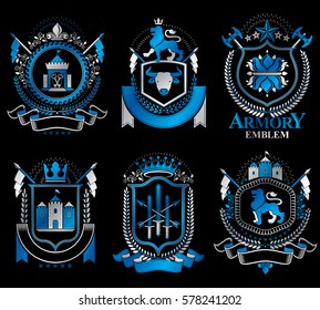 Set of vector vintage emblems created with decorative elements like crowns, stars, crosses, armory and animals.  Collection of heraldic coat of arms.