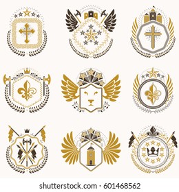 Set of vector vintage emblems created with decorative elements like crowns, stars, bird wings, armory and animals.  Collection of heraldic coat of arms.