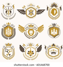 Set of vector vintage emblems created with decorative elements like crowns, stars, bird wings, armory and animals.  Collection of heraldic coat of arms.