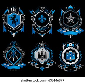 Set of vector vintage emblems created with decorative elements like crowns, stars, crosses, armory and animals.  Collection of heraldic coat of arms.