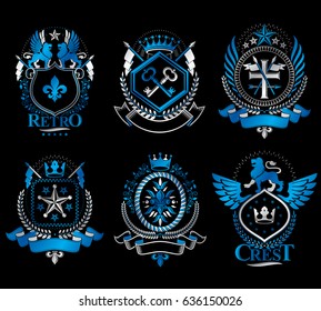 Set of vector vintage emblems created with decorative elements like crowns, stars, crosses, armory and animals.  Collection of heraldic coat of arms.