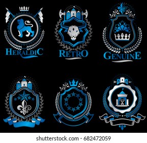 Set of vector vintage emblems created with decorative elements like crowns, stars, crosses, armory and animals.  Collection of heraldic coat of arms.