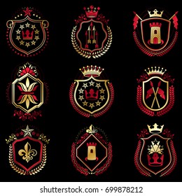 Set of vector vintage emblems created with decorative elements like crowns, stars, bird wings, armory and animals.  Collection of heraldic coat of arms.