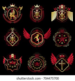 Set of vector vintage emblems created with decorative elements like crowns, stars, bird wings, armory and animals.  Collection of heraldic coat of arms.