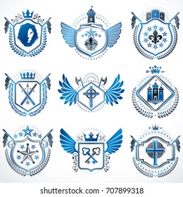 Set of vector vintage emblems created with decorative elements like crowns, stars, bird wings, armory and animals.  Collection of heraldic coat of arms.