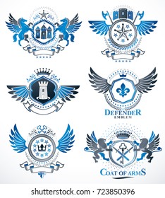 Set of vector vintage emblems created with decorative elements like crowns, stars, bird wings, armory and animals.  Collection of heraldic coat of arms.