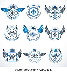 Set of vector vintage emblems created with decorative elements like crowns, stars, bird wings, armory and animals.  Collection of heraldic coat of arms.