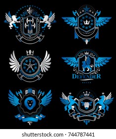 Set of vector vintage emblems created with decorative elements like crowns, stars, bird wings, armory and animals.  Collection of heraldic coat of arms.